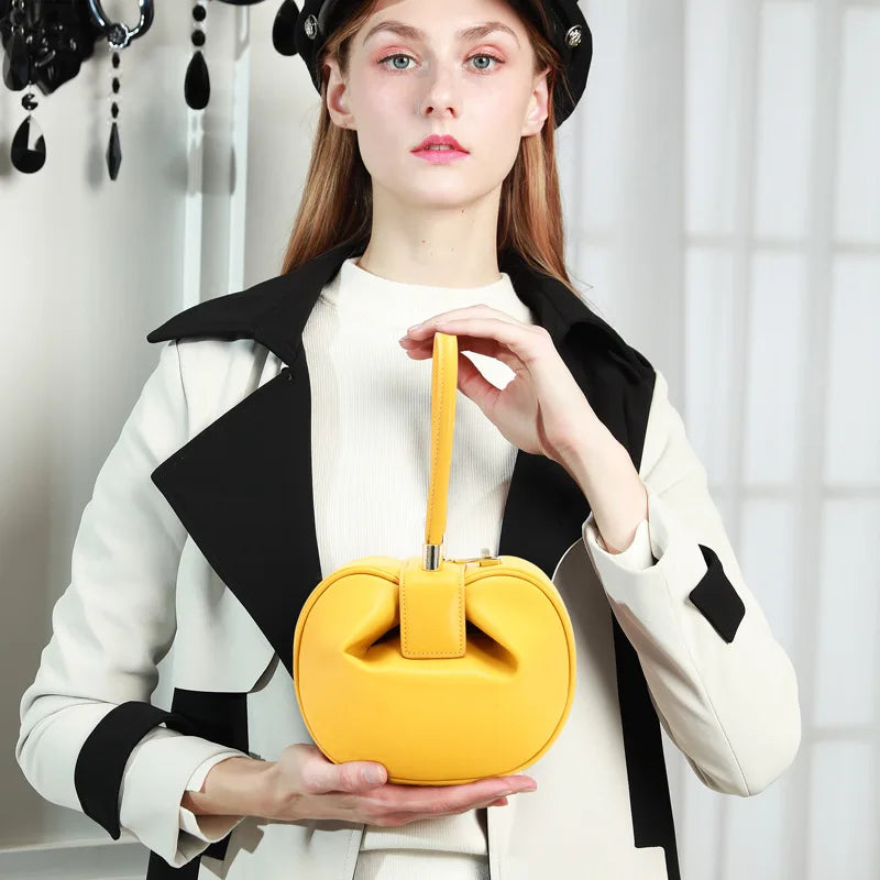 Women's Leather Dumpling Clutch - Khaki