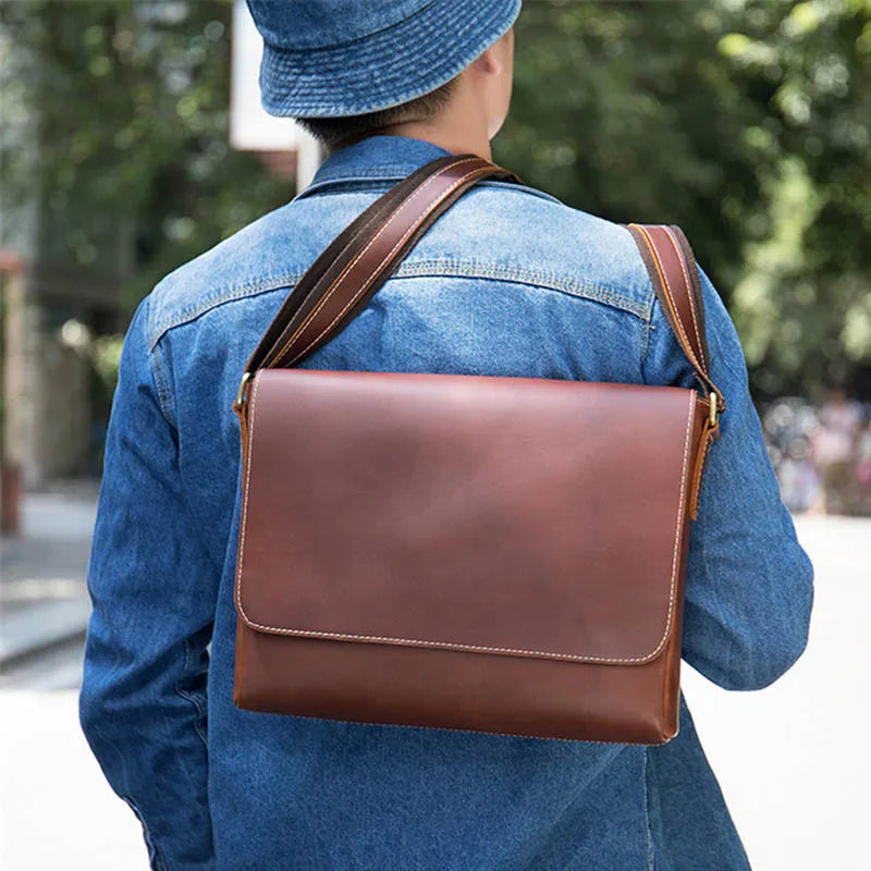 Men's Crazy Horse Crossbody Messenger Magnetic Flap