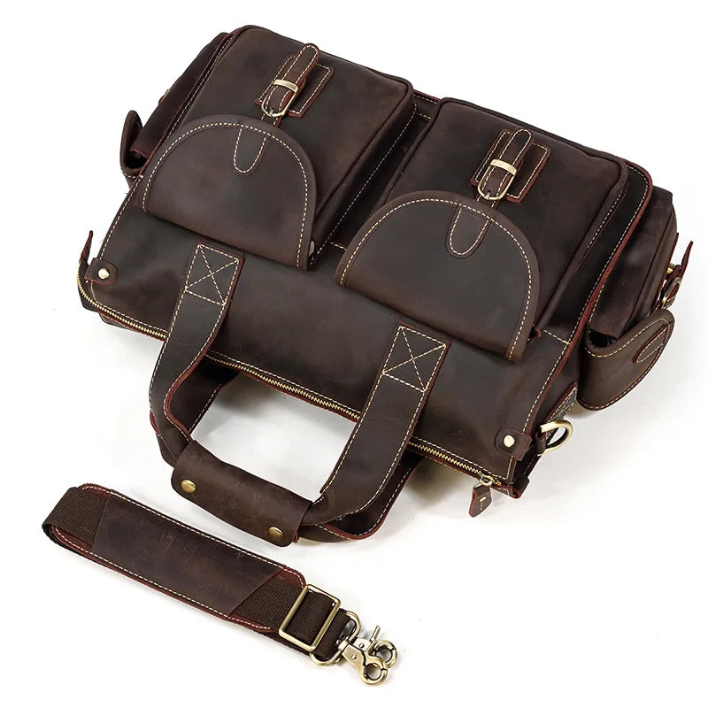 Crazy Horse Leather Messenger Briefcase for Men - 15 Inch Laptop Bag