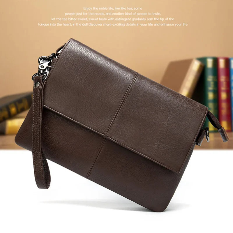 Men's Genuine Leather Clutch Wallet Double Zipper Business Bag Hand Purse