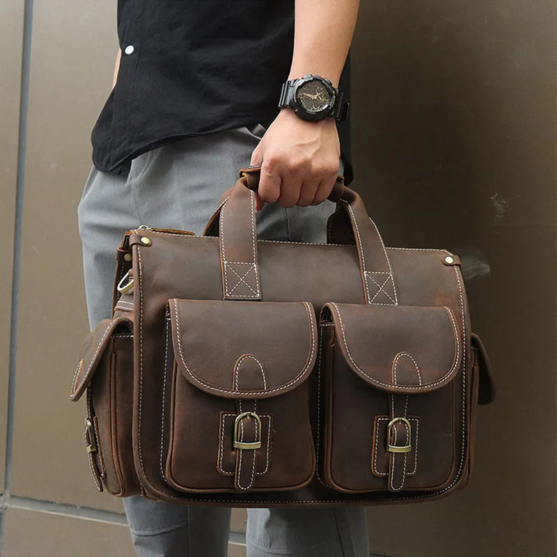 Crazy Horse Leather Messenger Briefcase for Men - 15 Inch Laptop Bag