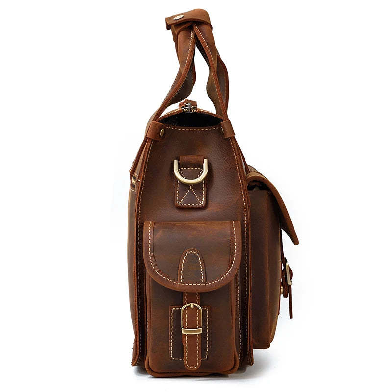 Crazy Horse Leather Messenger Briefcase for Men - 15 Inch Laptop Bag