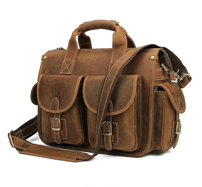 Crazy Horse Leather Messenger Briefcase for Men - 15 Inch Laptop Bag