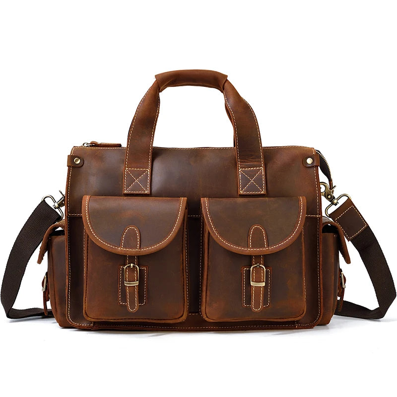 Crazy Horse Leather Messenger Briefcase for Men - 15 Inch Laptop Bag