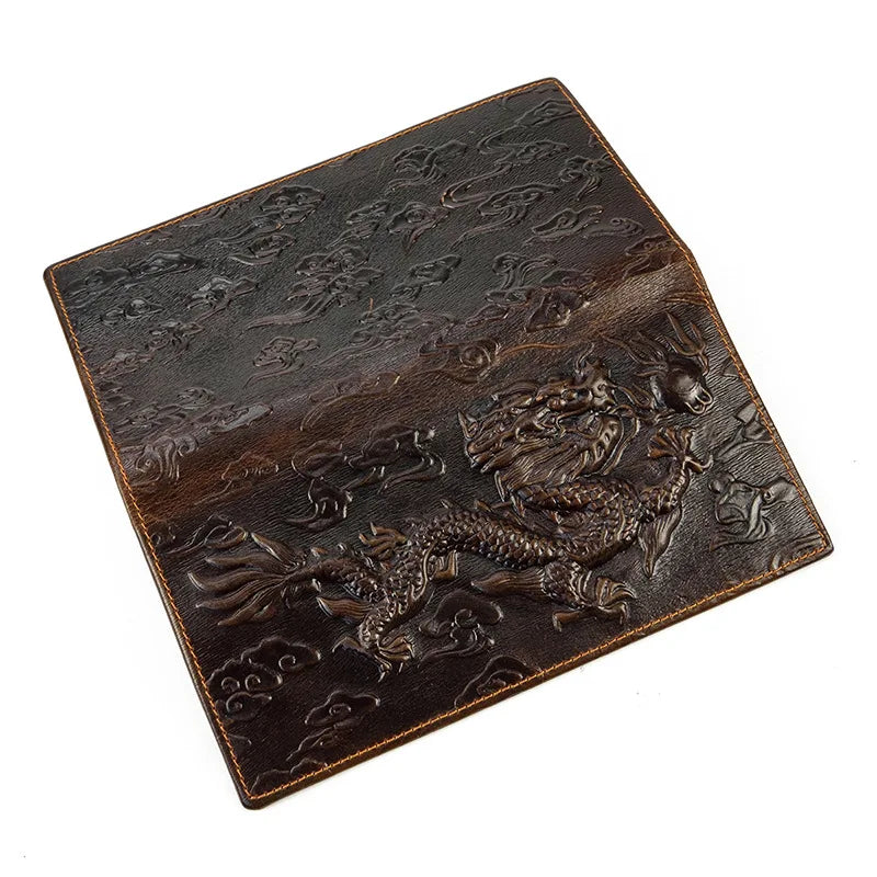 Men's Vintage Dragon Leather Wallet Long Bifold with Chain