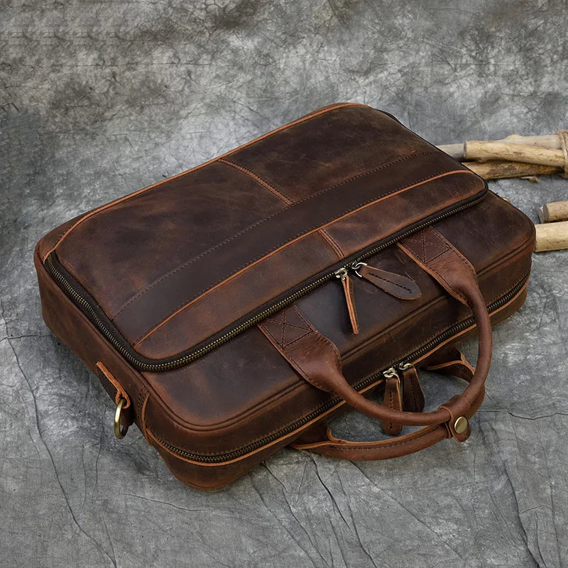 Leather Briefcase with Laptop Sleeve - Brown