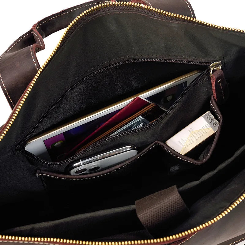 Crazy Horse Leather Messenger Briefcase for Men - 15 Inch Laptop Bag