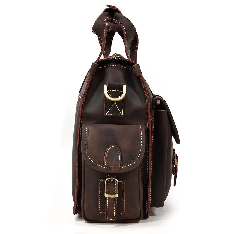 Crazy Horse Leather Messenger Briefcase for Men - 15 Inch Laptop Bag