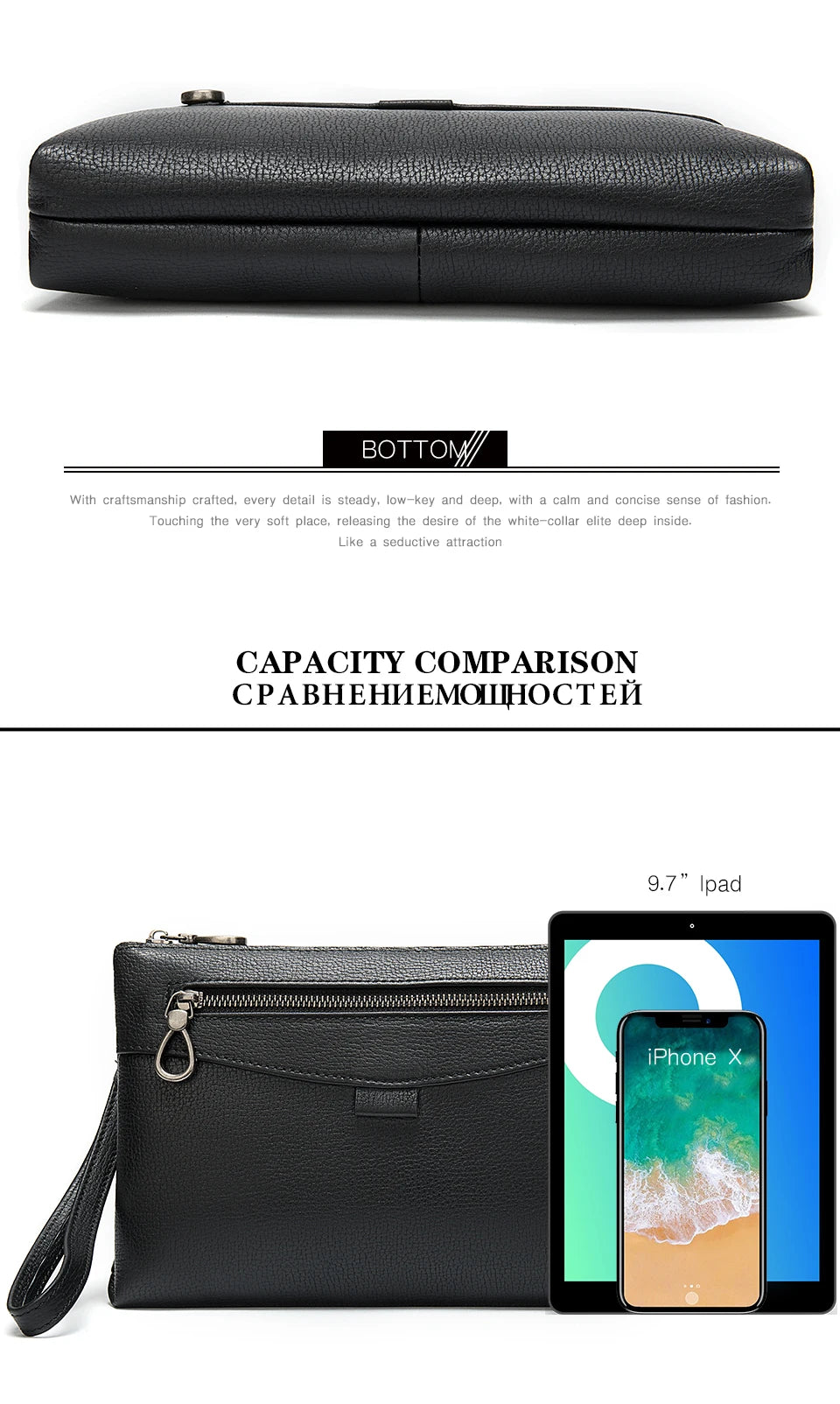 Men's Genuine Leather Clutch Wallet 7.9" iPad Soft Leather Hand Purse