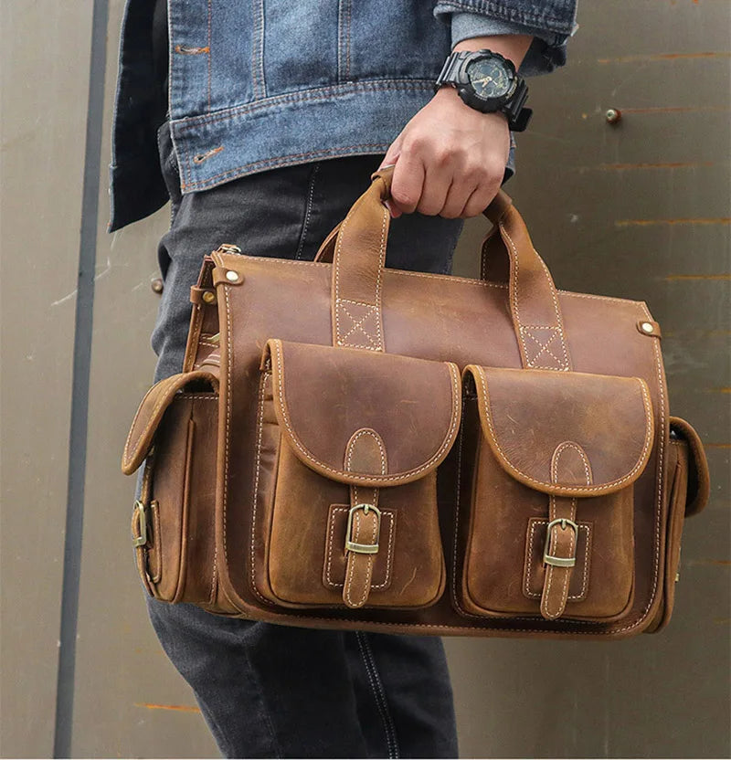 Crazy Horse Leather Messenger Briefcase for Men - 15 Inch Laptop Bag