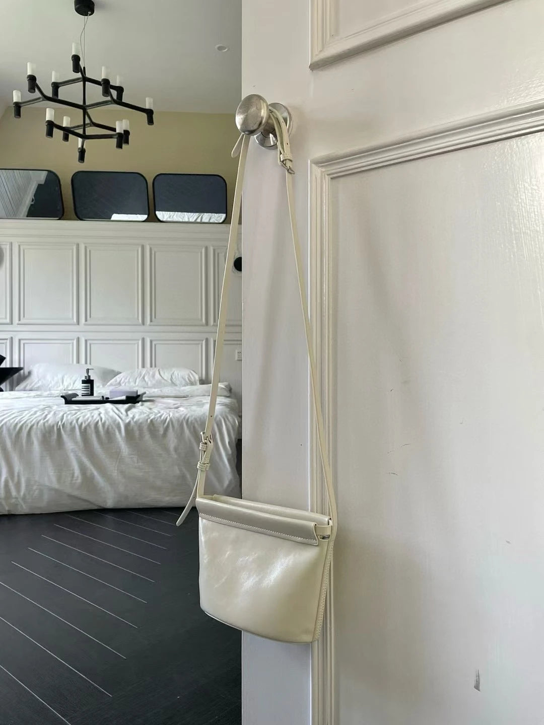 Beige Glossy Leather Flap Crossbody | KQ Premium