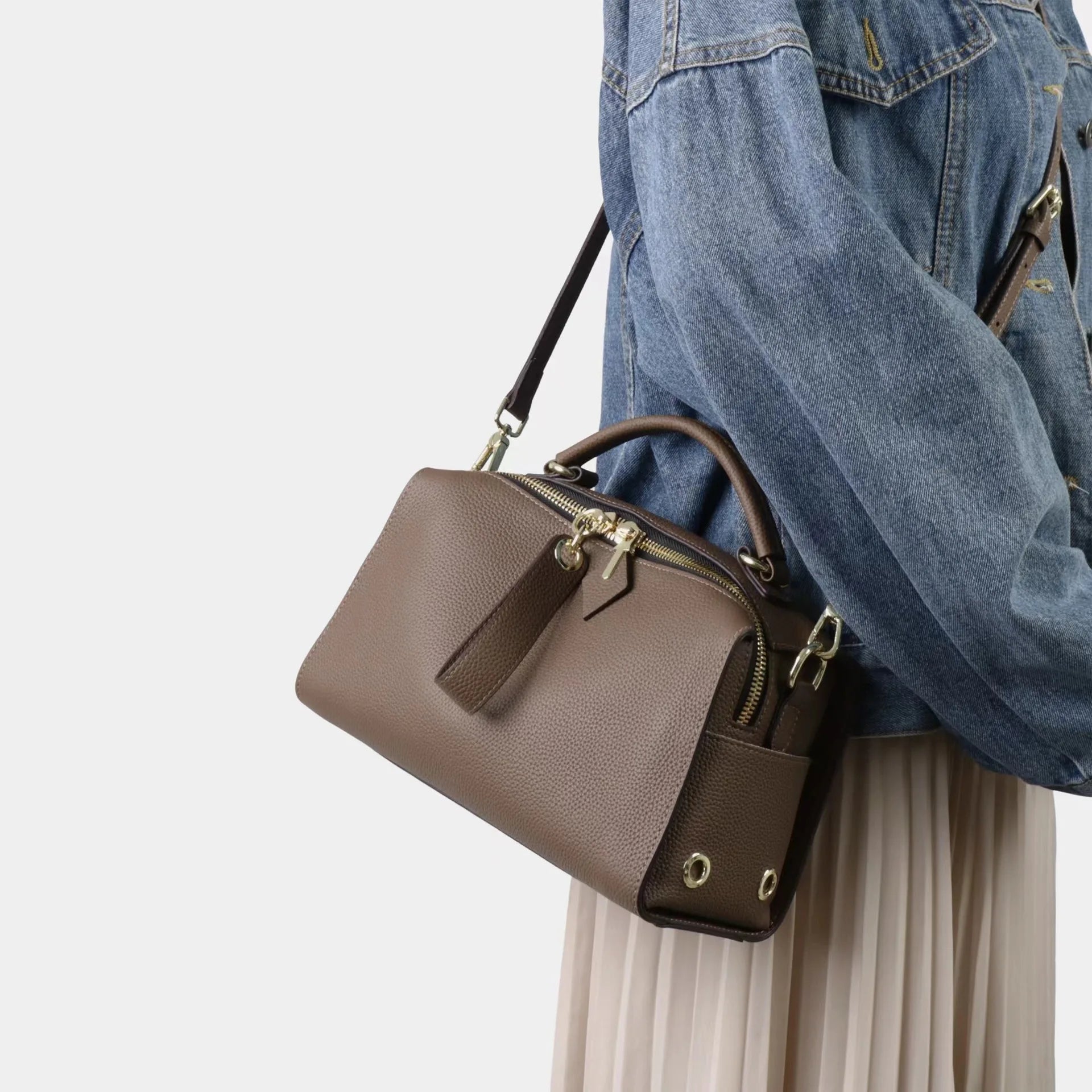 Beige Leather Bowling Tote