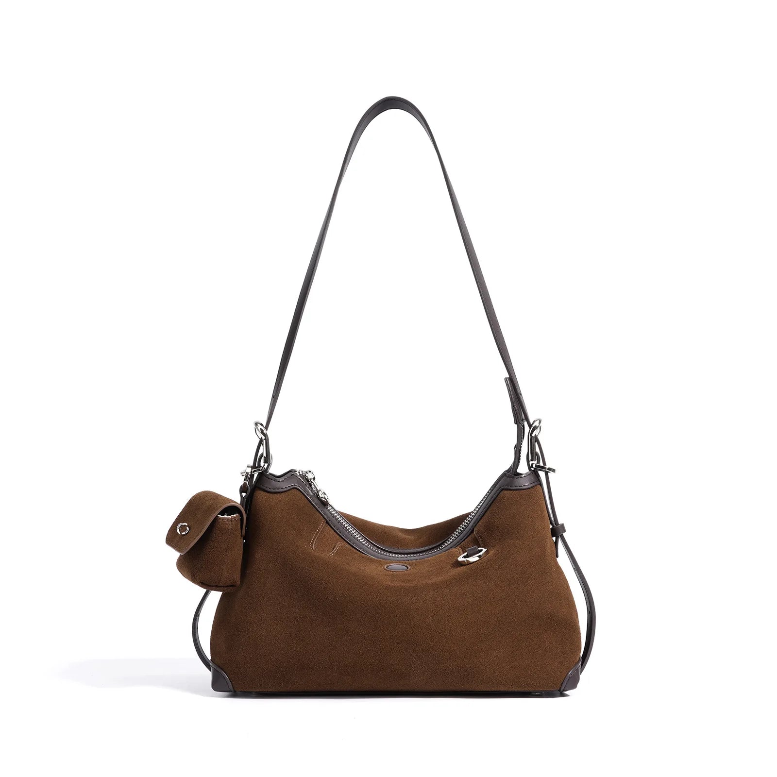 Baguette Crossbody with Keyring - Coffee Suede