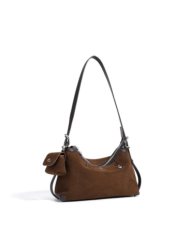Baguette Crossbody with Keyring - Coffee Suede