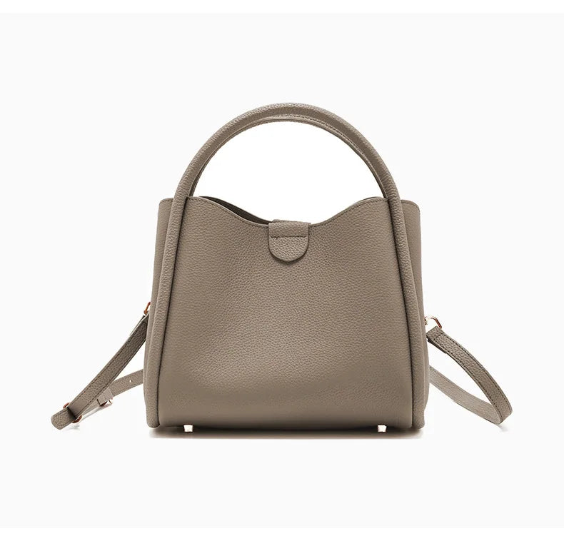 Beige Leather Bucket Tote Bag 2026