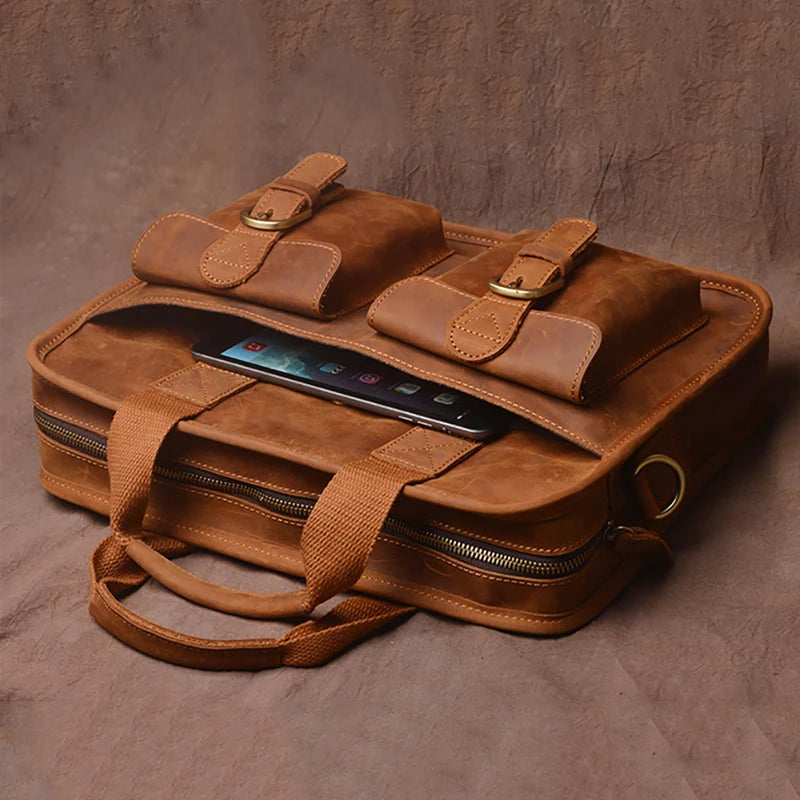 Leather Briefcase – 14 Inch Laptop Bag with Shoulder Strap