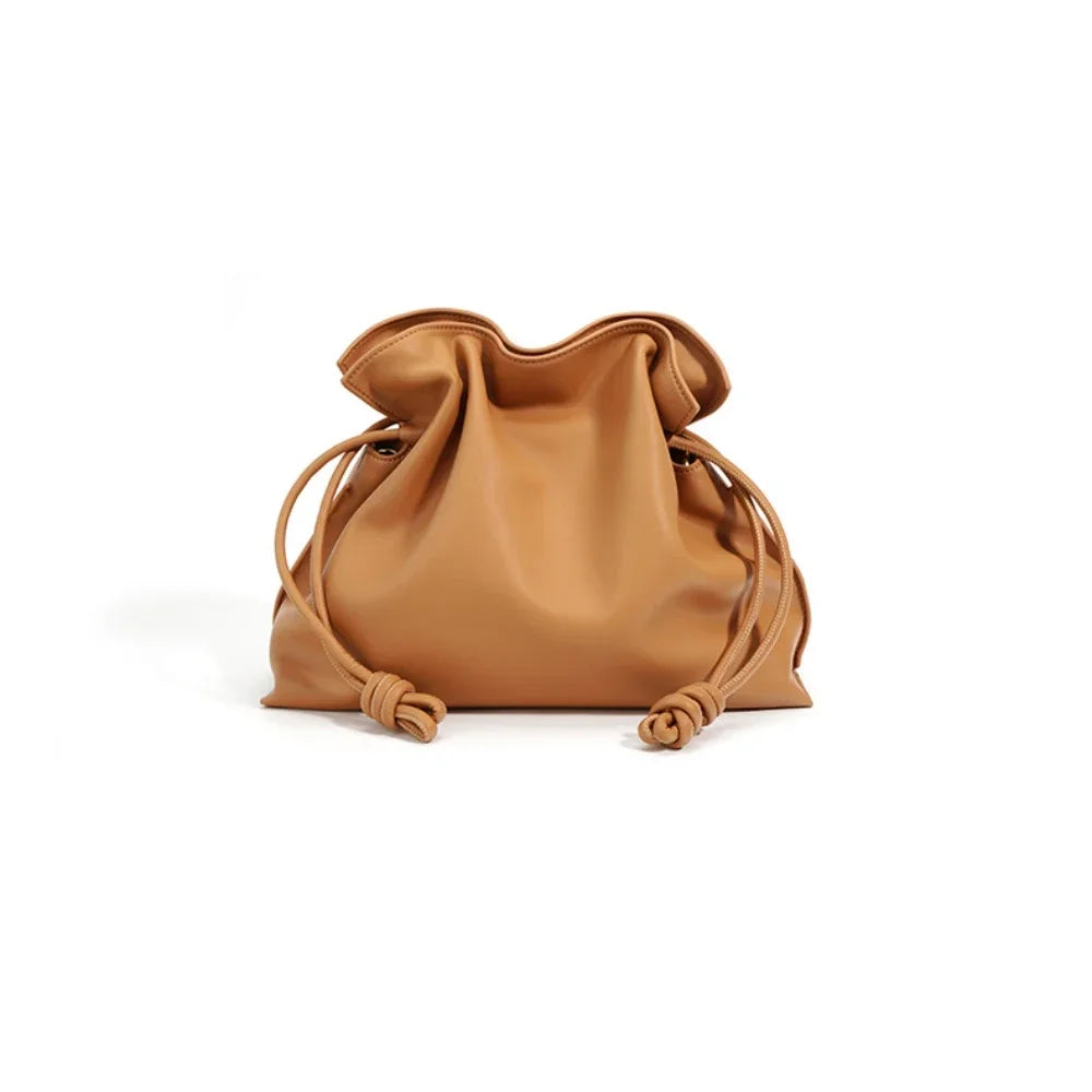 Beige Leather Drawstring Pouch Bag 2026