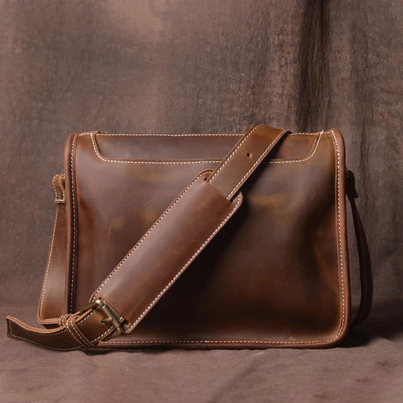 Crazy Horse Leather Messenger Bag with Laptop Compartment