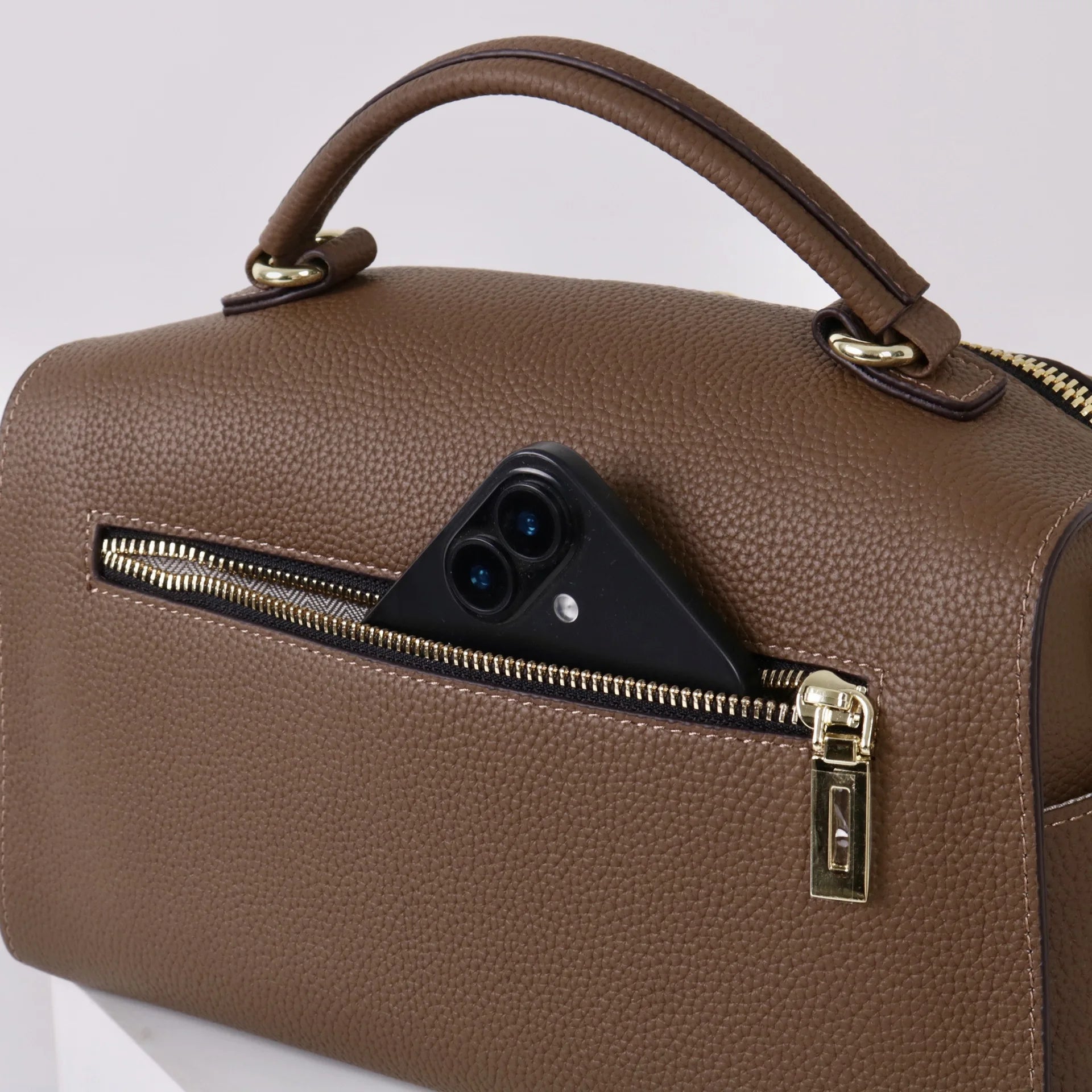 Beige Leather Bowling Tote