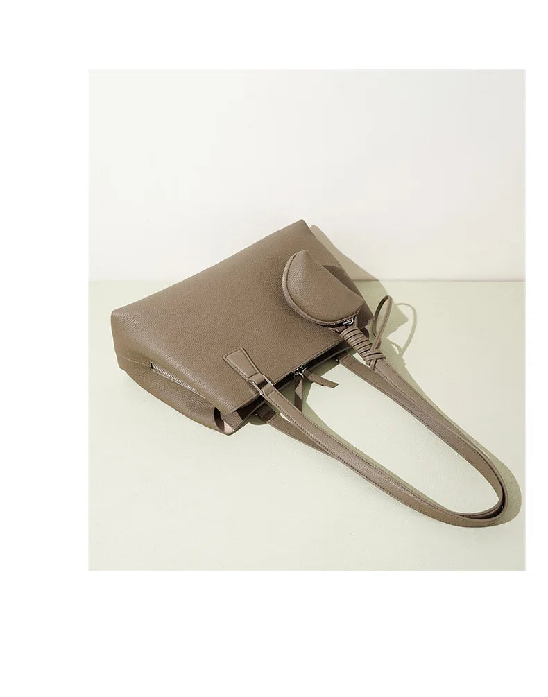 Beige Armpit Shopper - Cowhide Leather Bag with Pouch