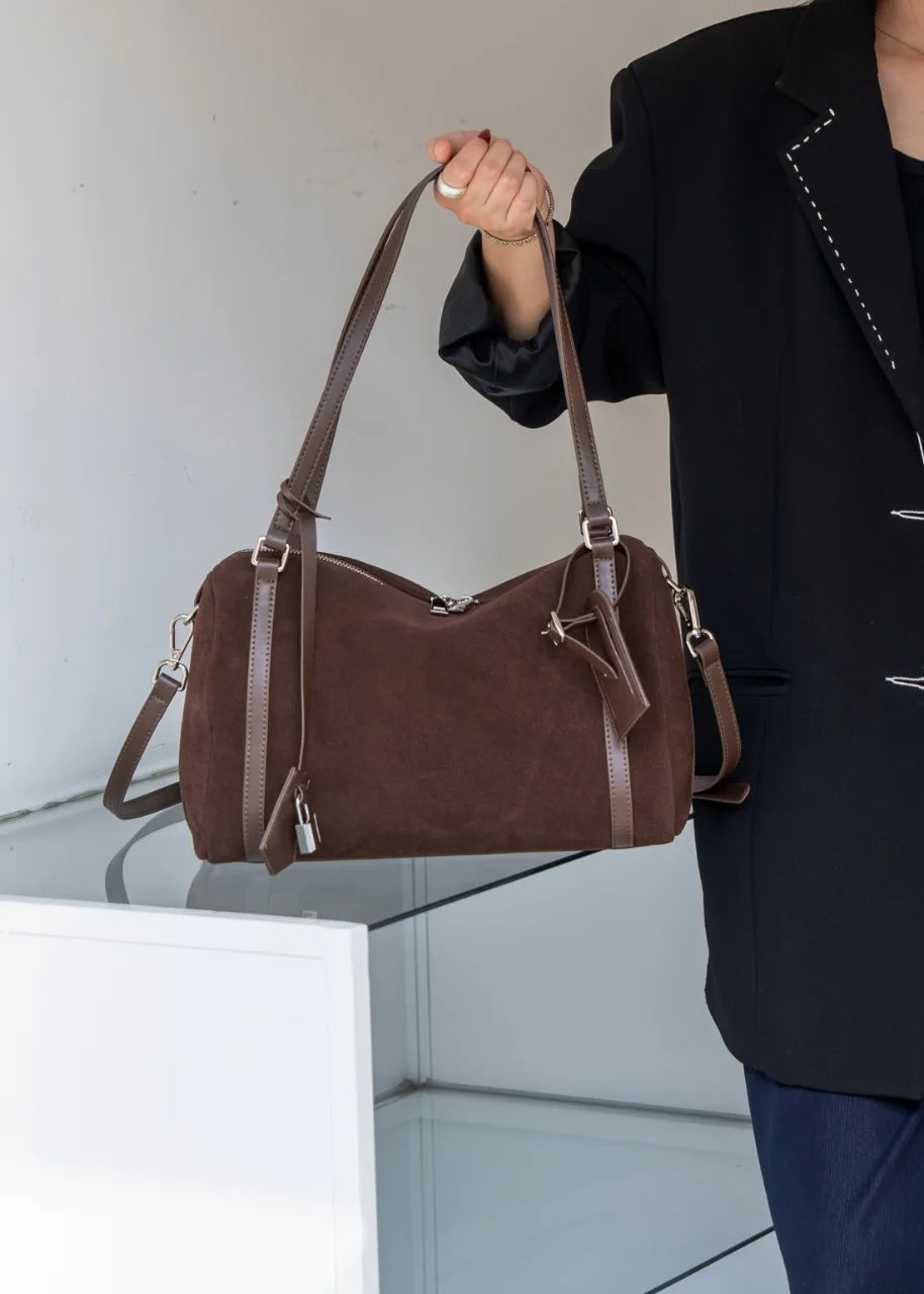 Black Suede Boston Tote Bag 2026