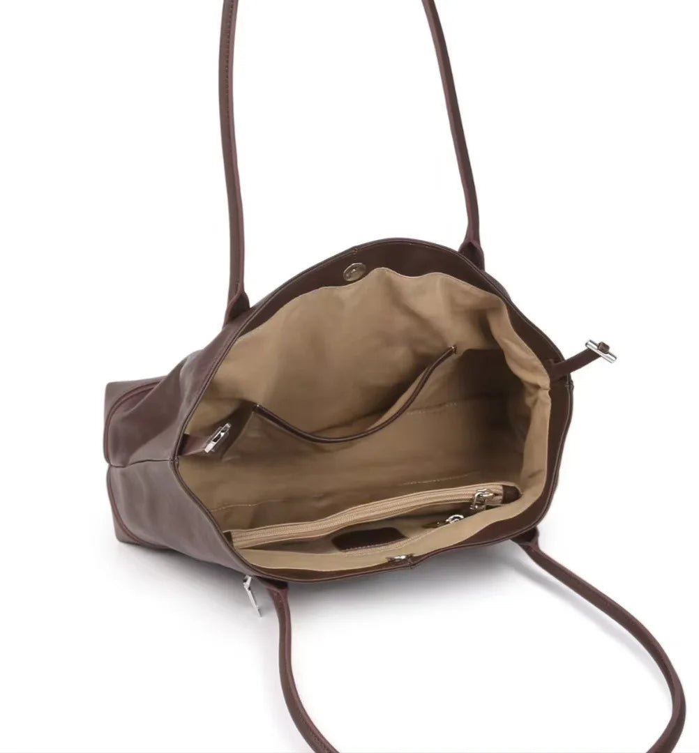 Beige Coffee Leather Tote Bag