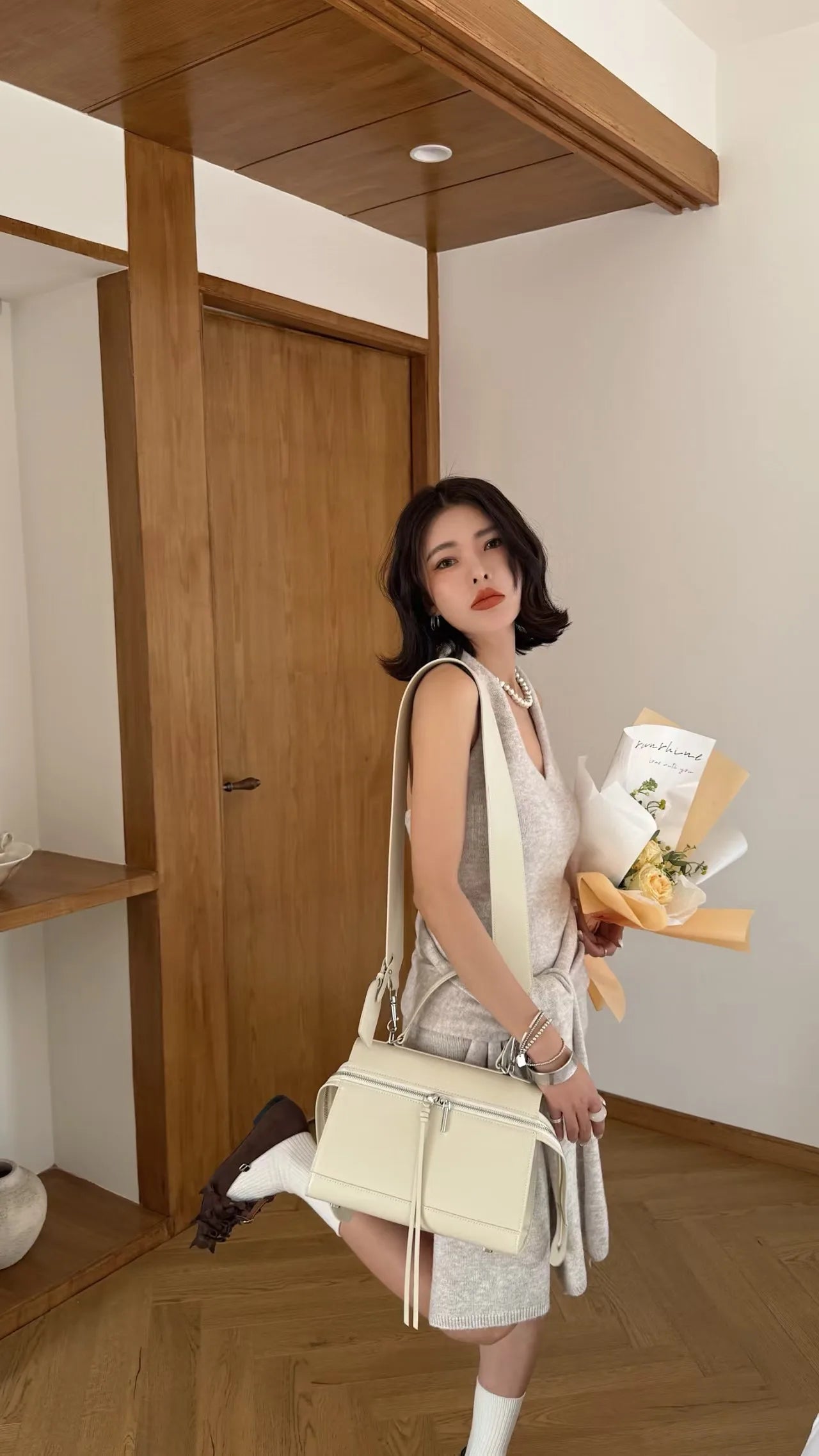 Beige Calfskin Tote Bag for Women