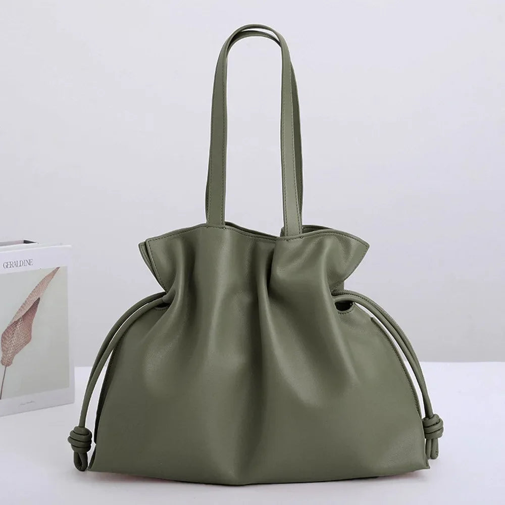 Beige Leather Drawstring Pouch Bag 2026