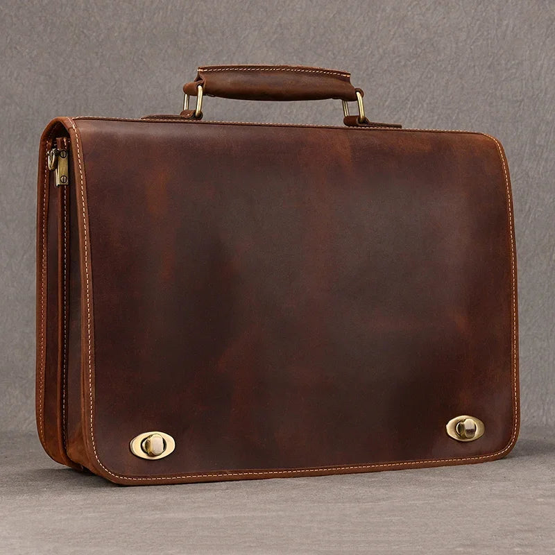 Leather Briefcase 15" – Men's Laptop Bag Cowhide with Shoulder Strap