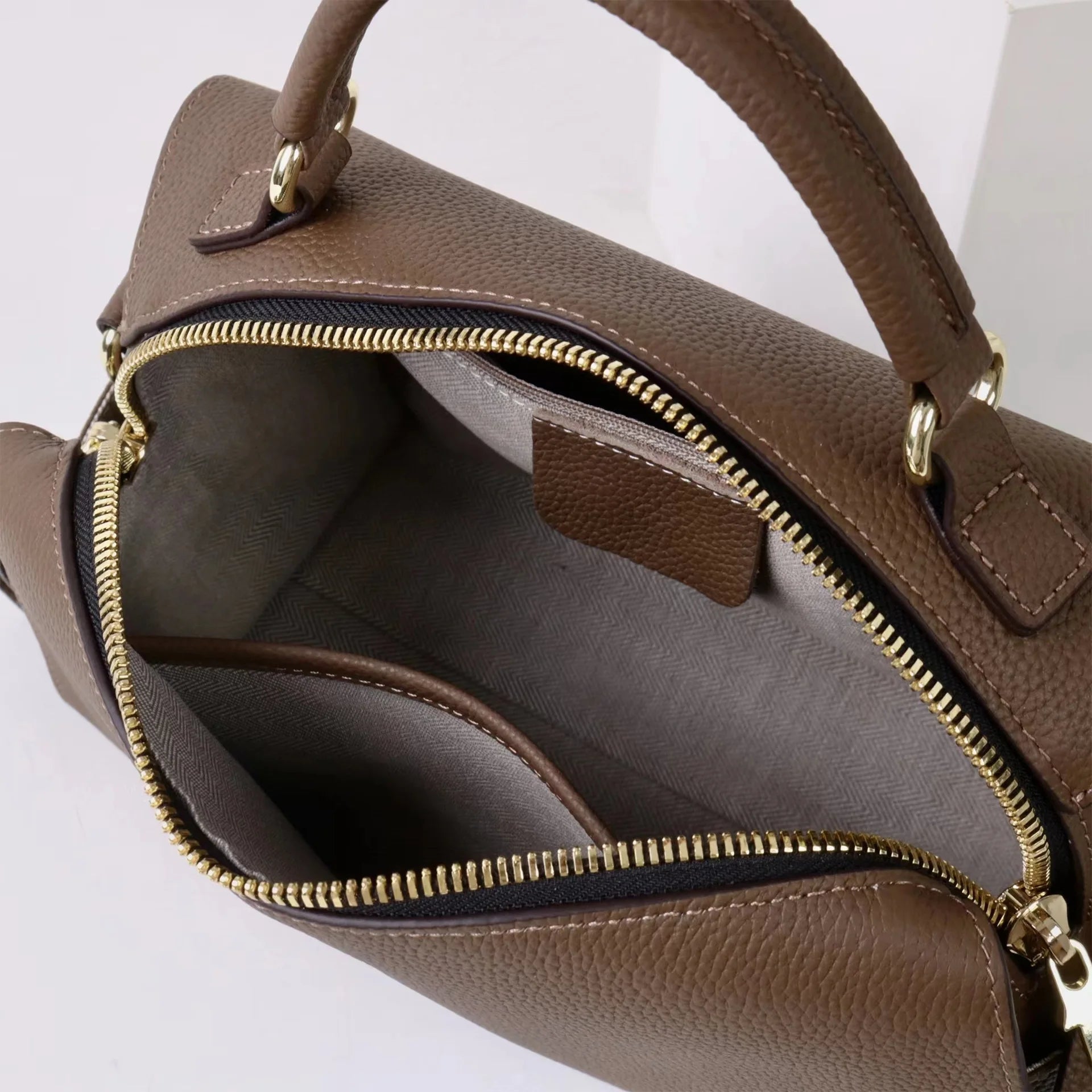 Beige Leather Bowling Tote