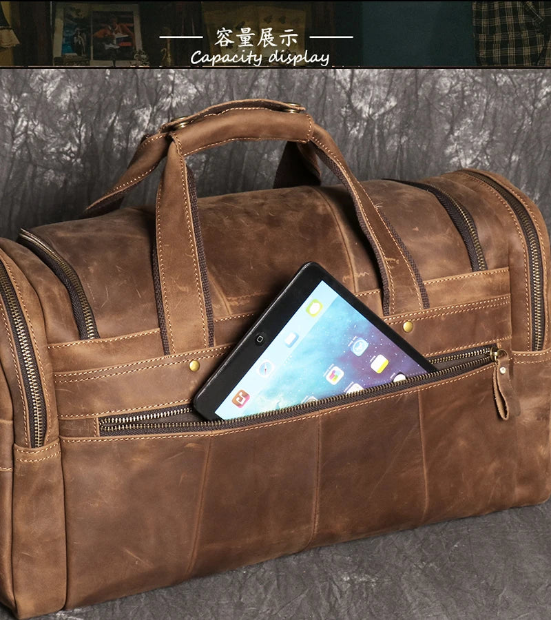 Leather Travel Bag – Large Capacity Weekend Duffel with Strap