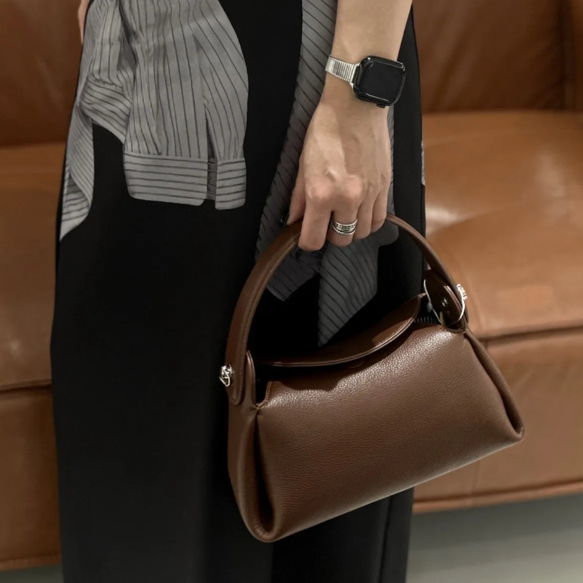 Beige Yellow Leather Tote Bag - Magnetic Closure Shoulder Handbag