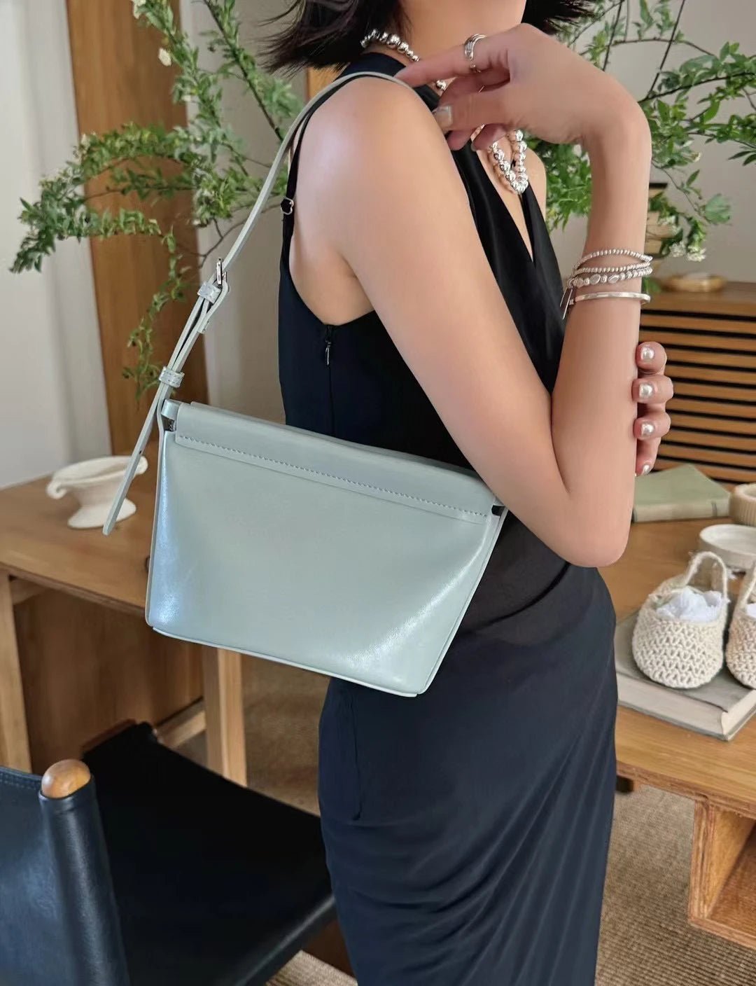 Beige Glossy Leather Flap Crossbody | KQ Premium