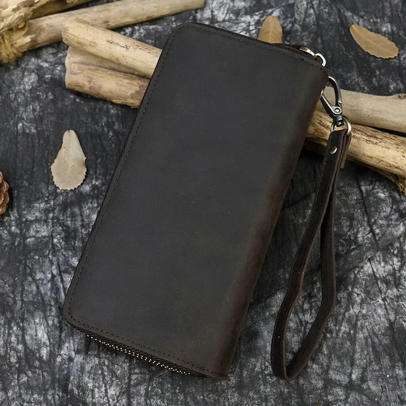 Men's Vintage Crazy Horse Leather Long Wallet with Double Zip