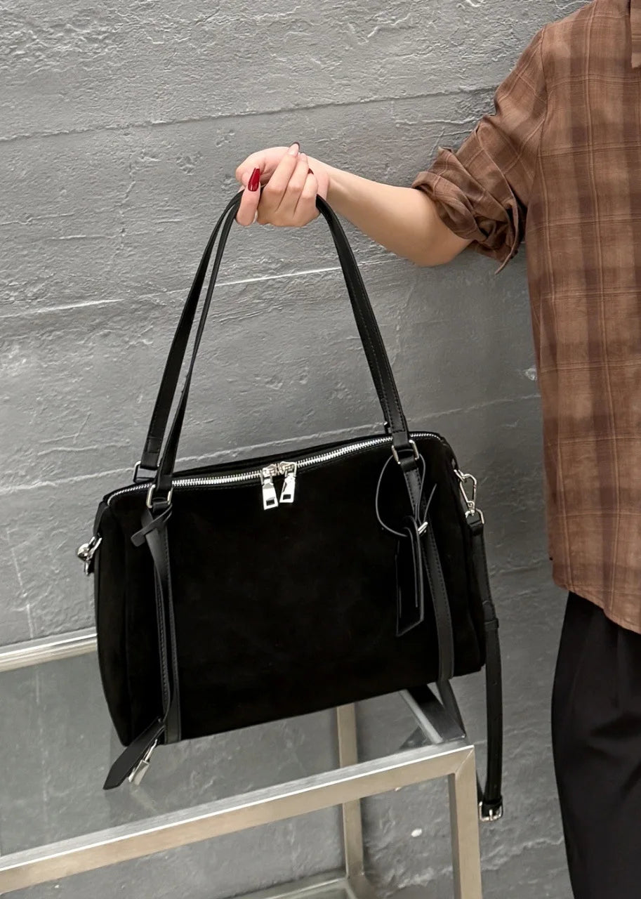 Black Suede Boston Tote Bag 2026