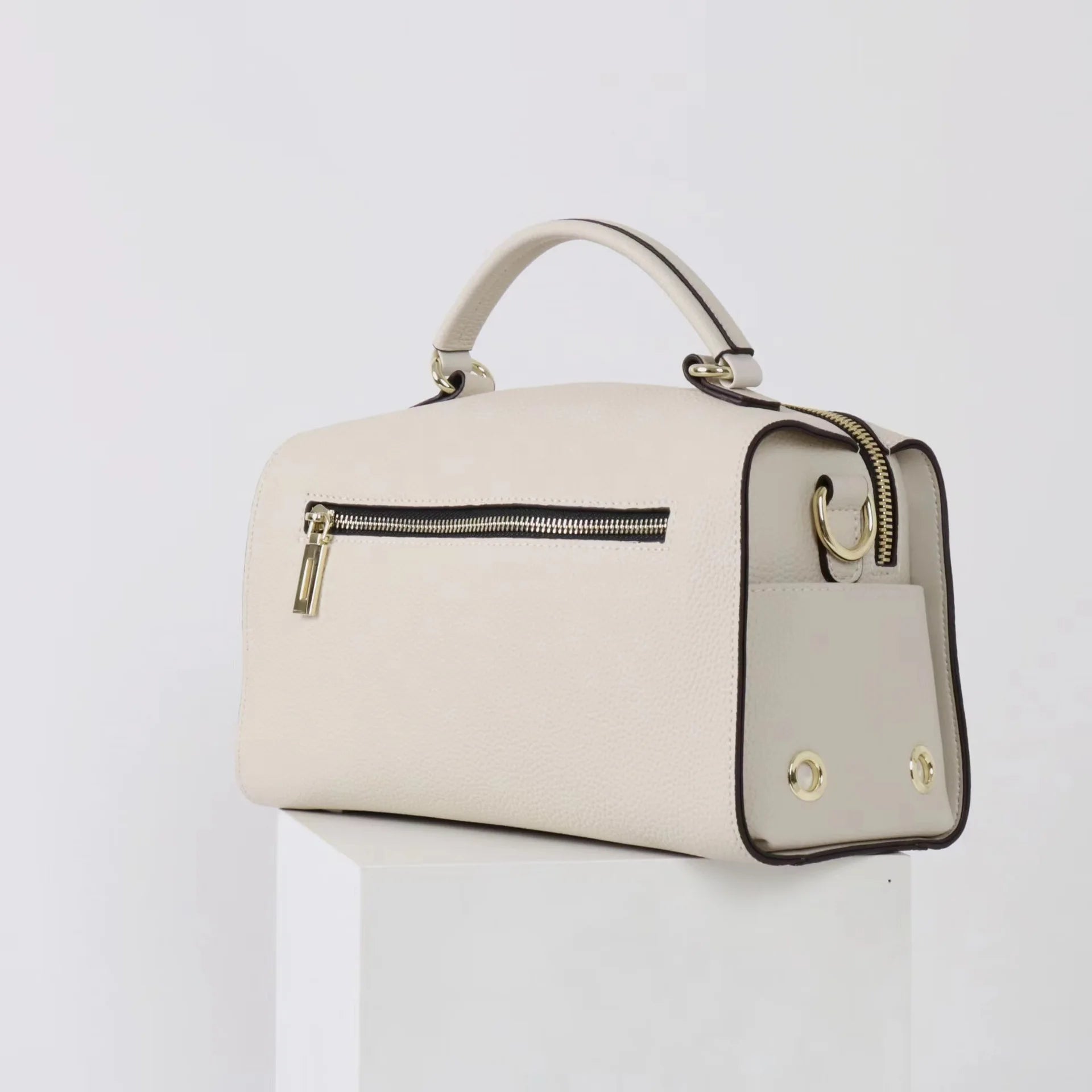 Beige Leather Bowling Tote