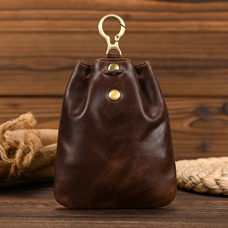 Vintage Leather Coin Purse with Drawstring Closure