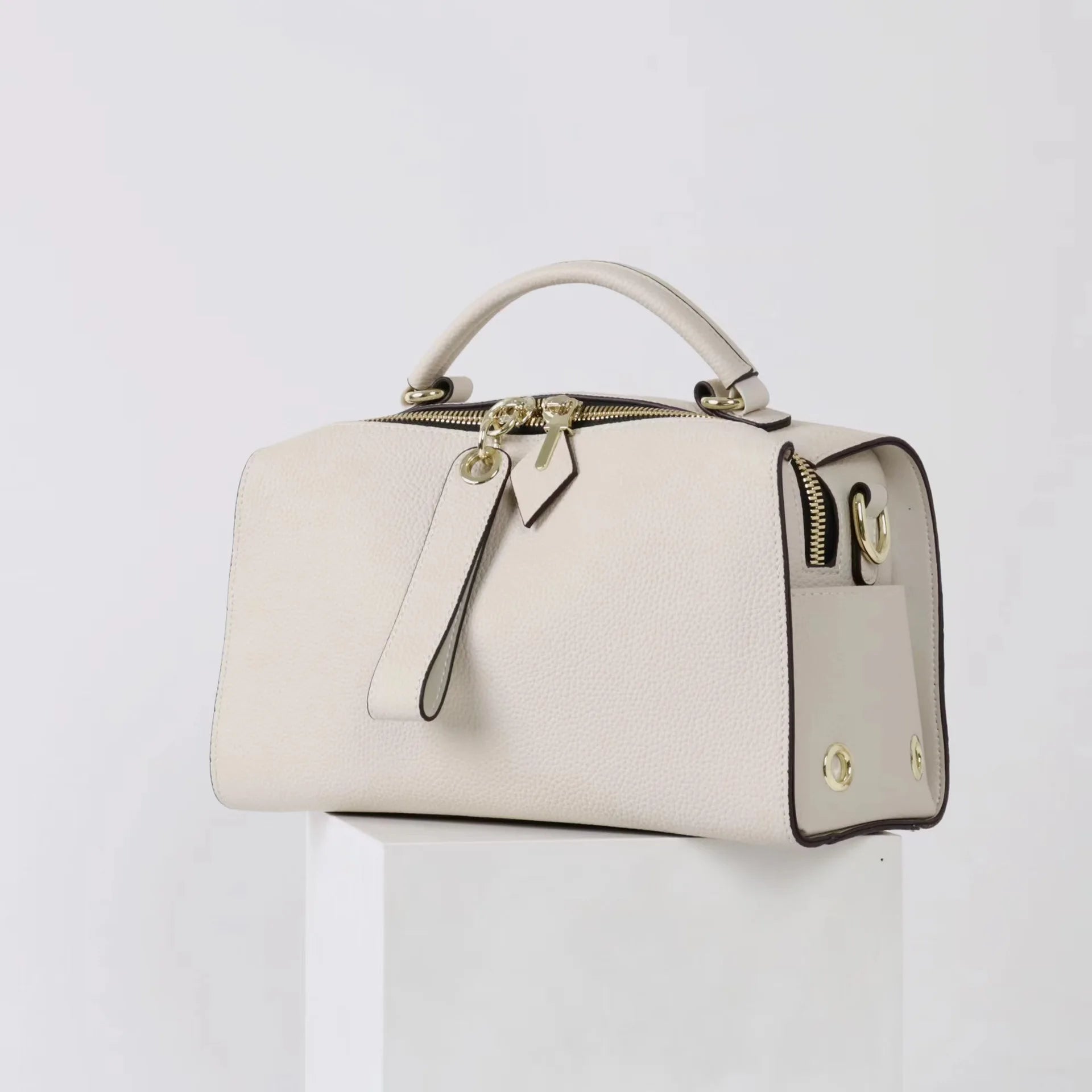 Beige Leather Bowling Tote