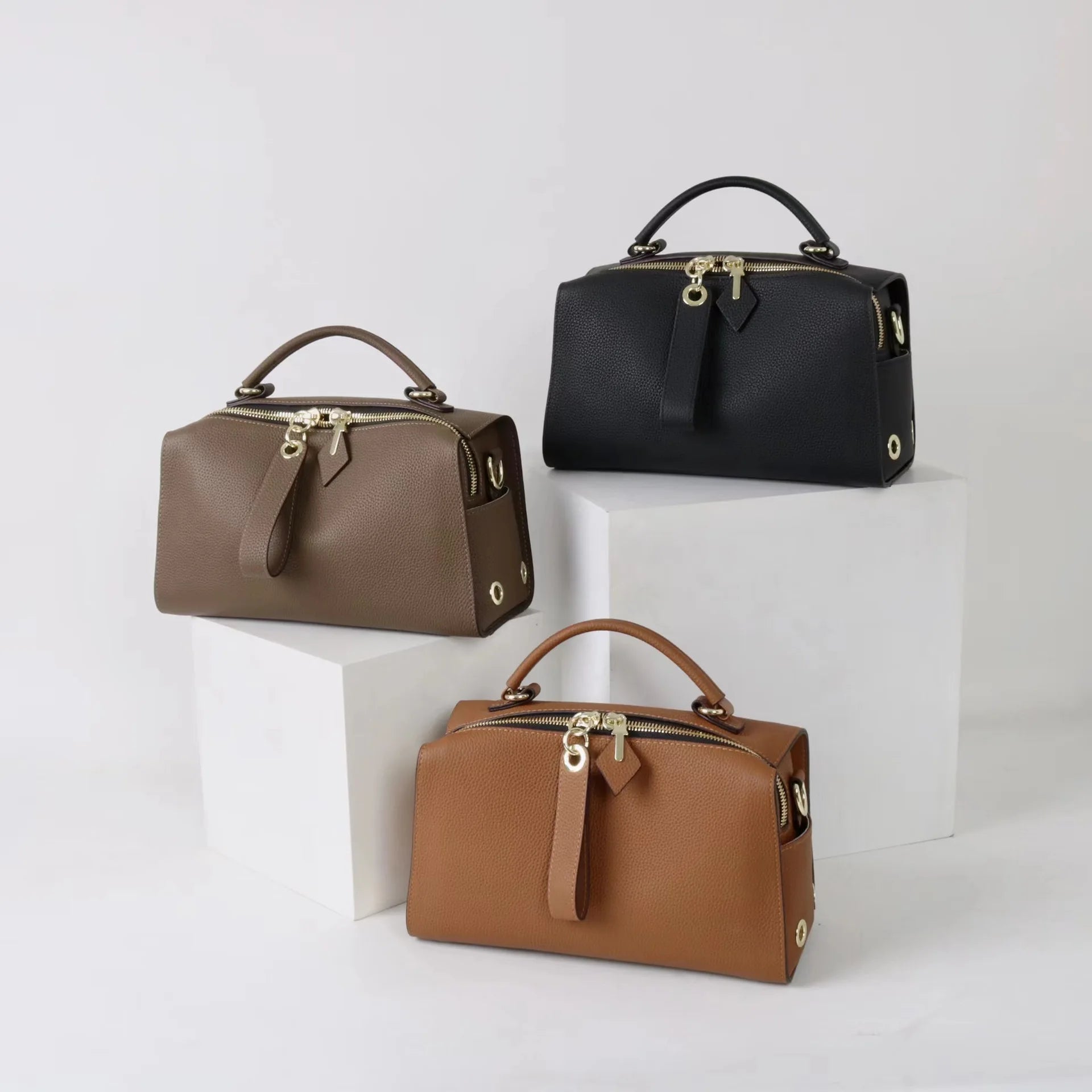 Beige Leather Bowling Tote