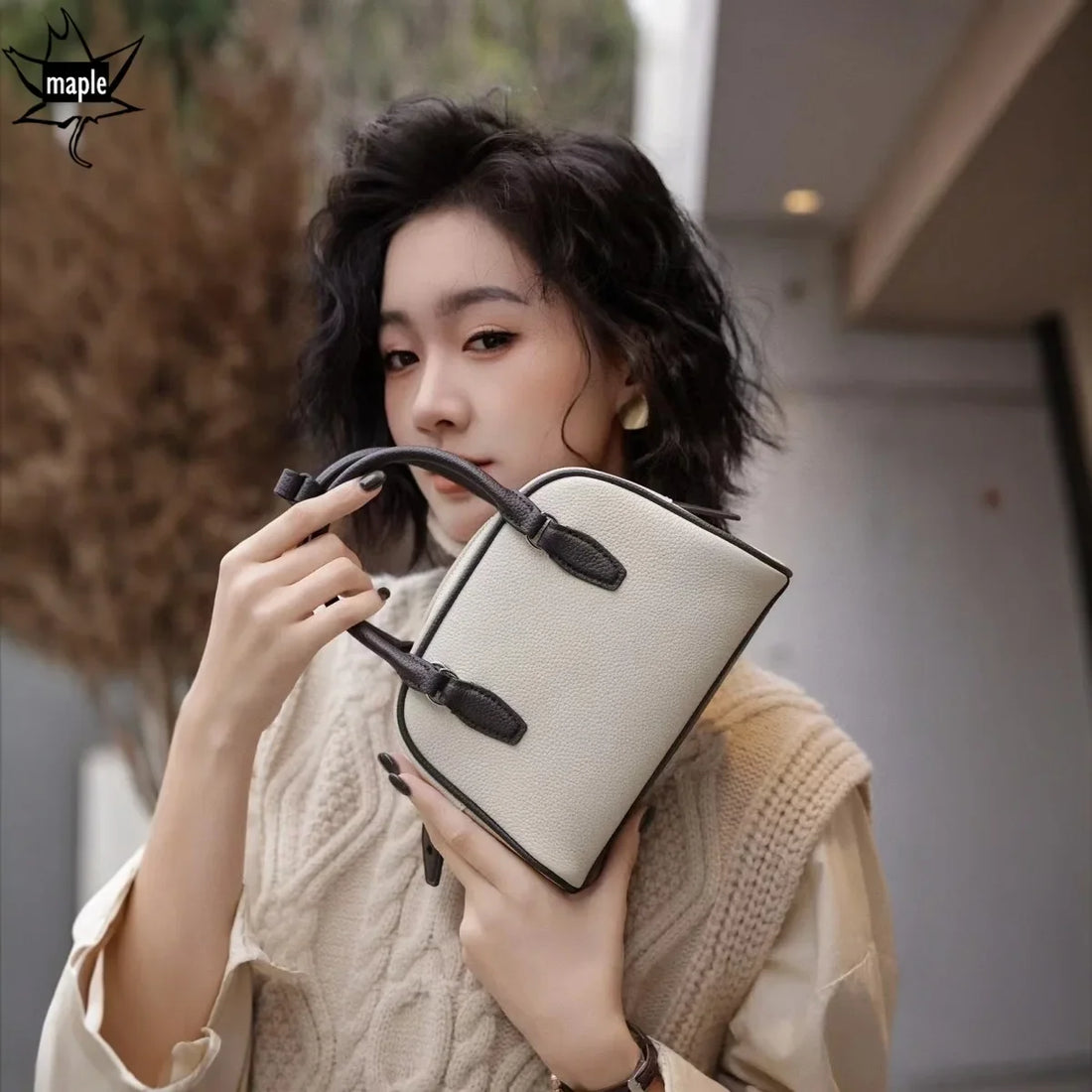 Bowling Tote - Beige Cowhide Leather Commuter Bag