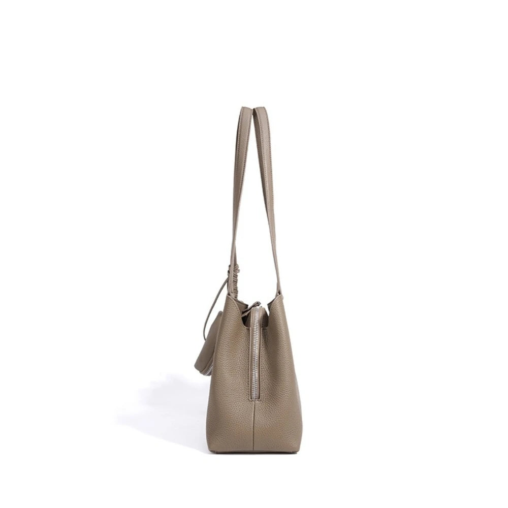 Beige Armpit Shopper - Cowhide Leather Bag with Pouch