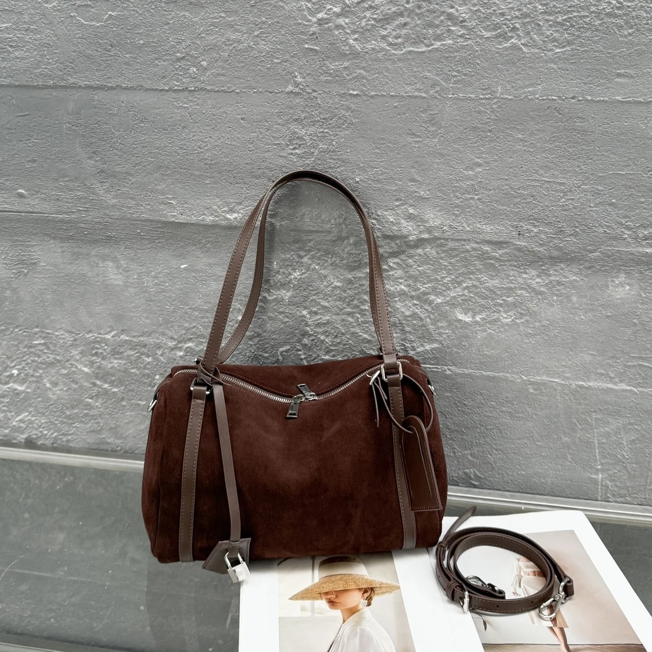 Black Suede Boston Tote Bag 2026