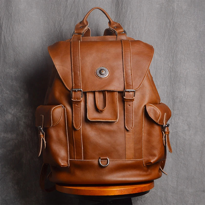 Leather Backpack Men's Travel Laptop Bag Large Capacity