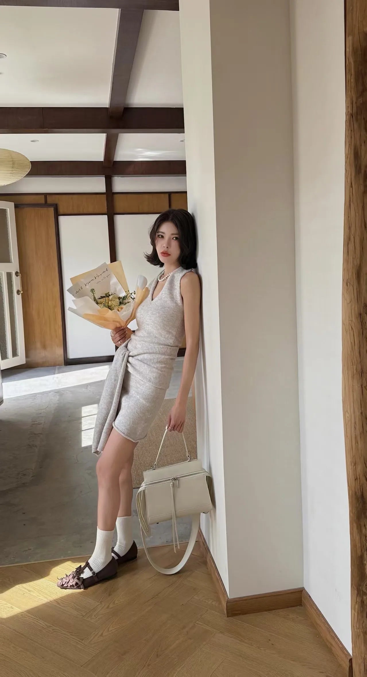 Beige Calfskin Tote Bag for Women