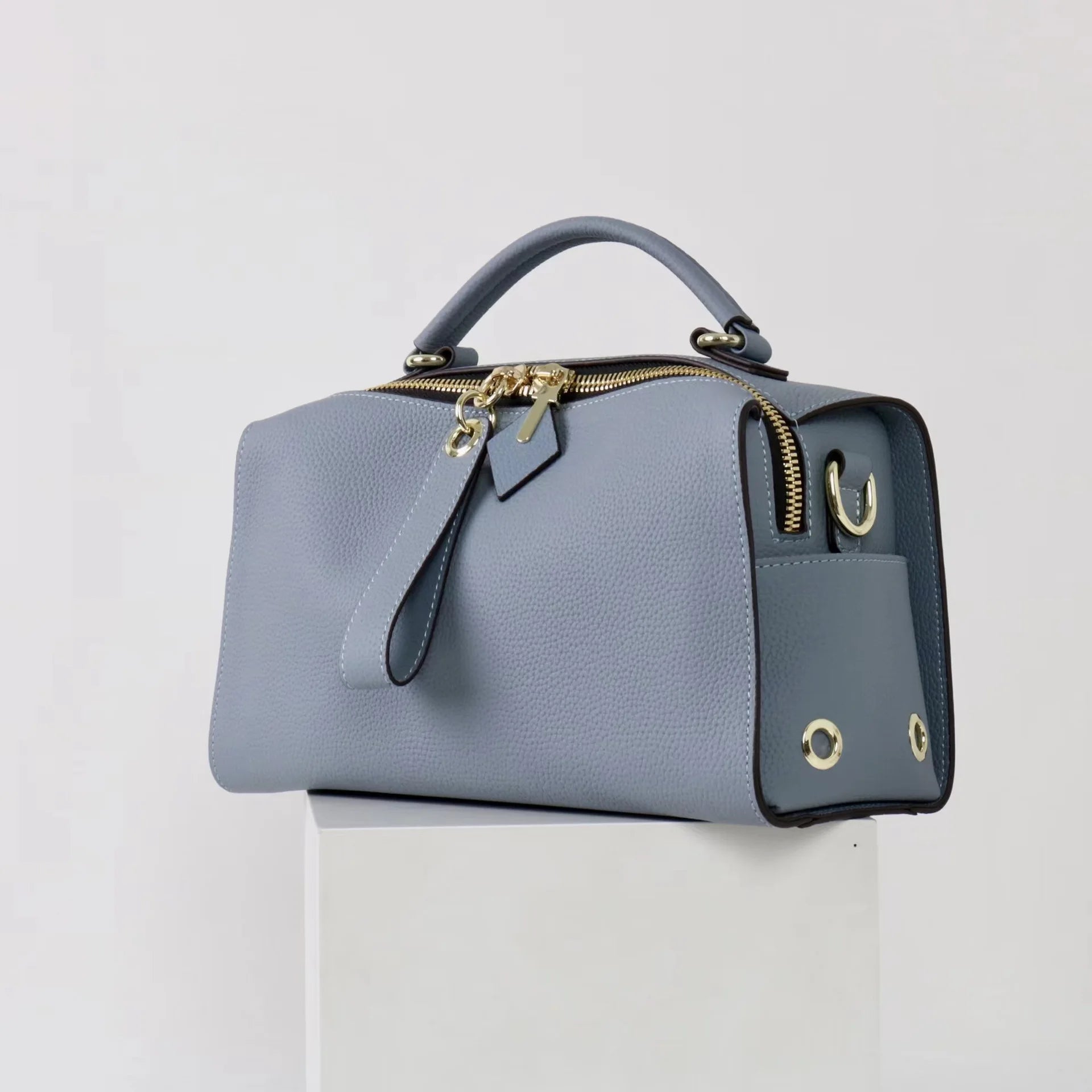 Beige Leather Bowling Tote