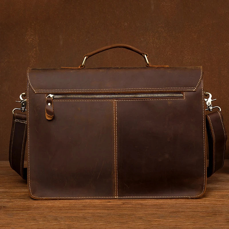 Crazy Horse Leather Briefcase - 15 Inch Laptop Bag Professional