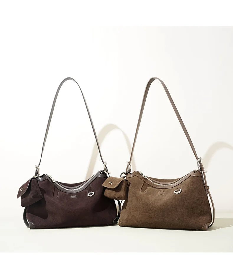 Baguette Crossbody with Keyring - Coffee Suede