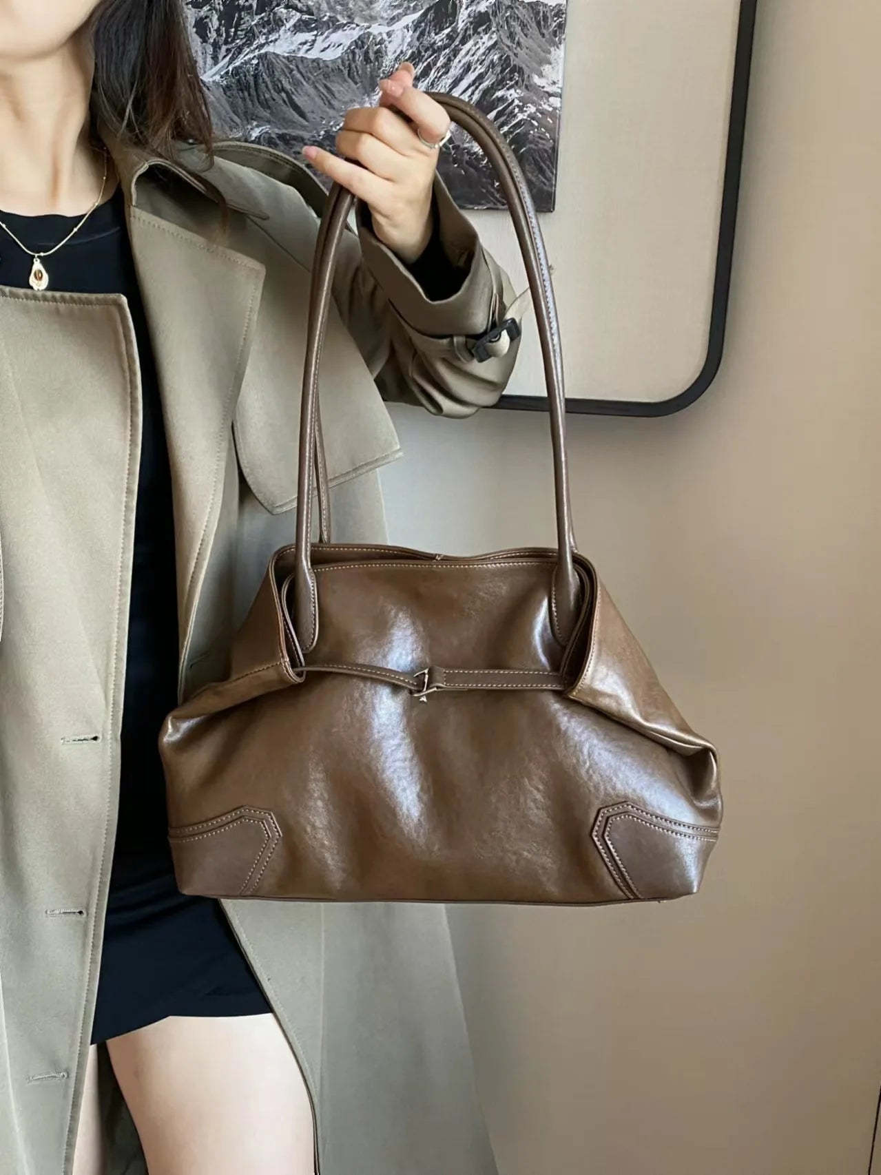 Beige Coffee Leather Tote Bag