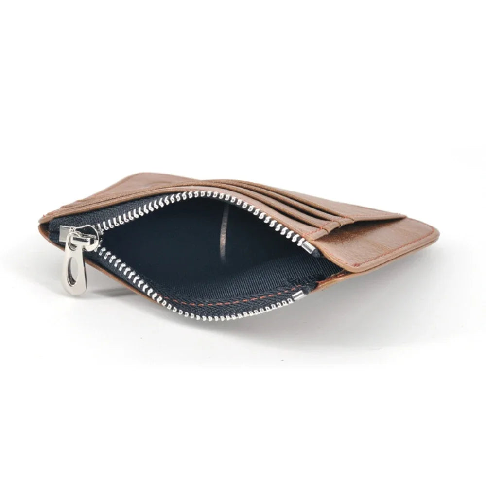Oil Wax Leather Slim Wallet - Brown