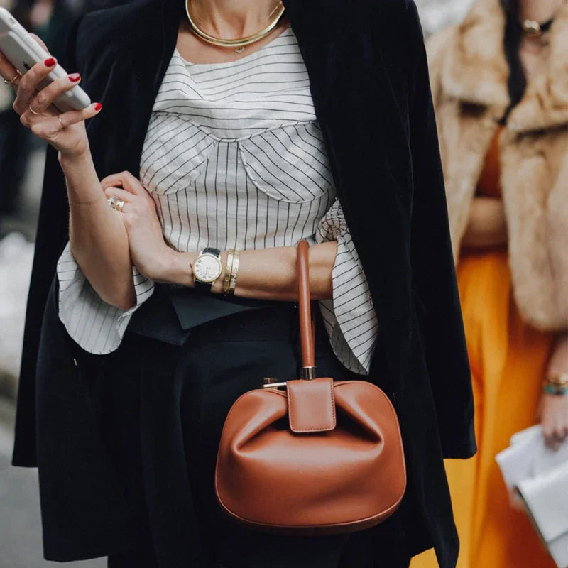 Women's Leather Dumpling Clutch - Khaki